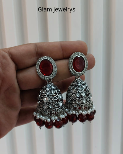 Maroon Oxidized Metal Denber Indian Jhumka Earrings