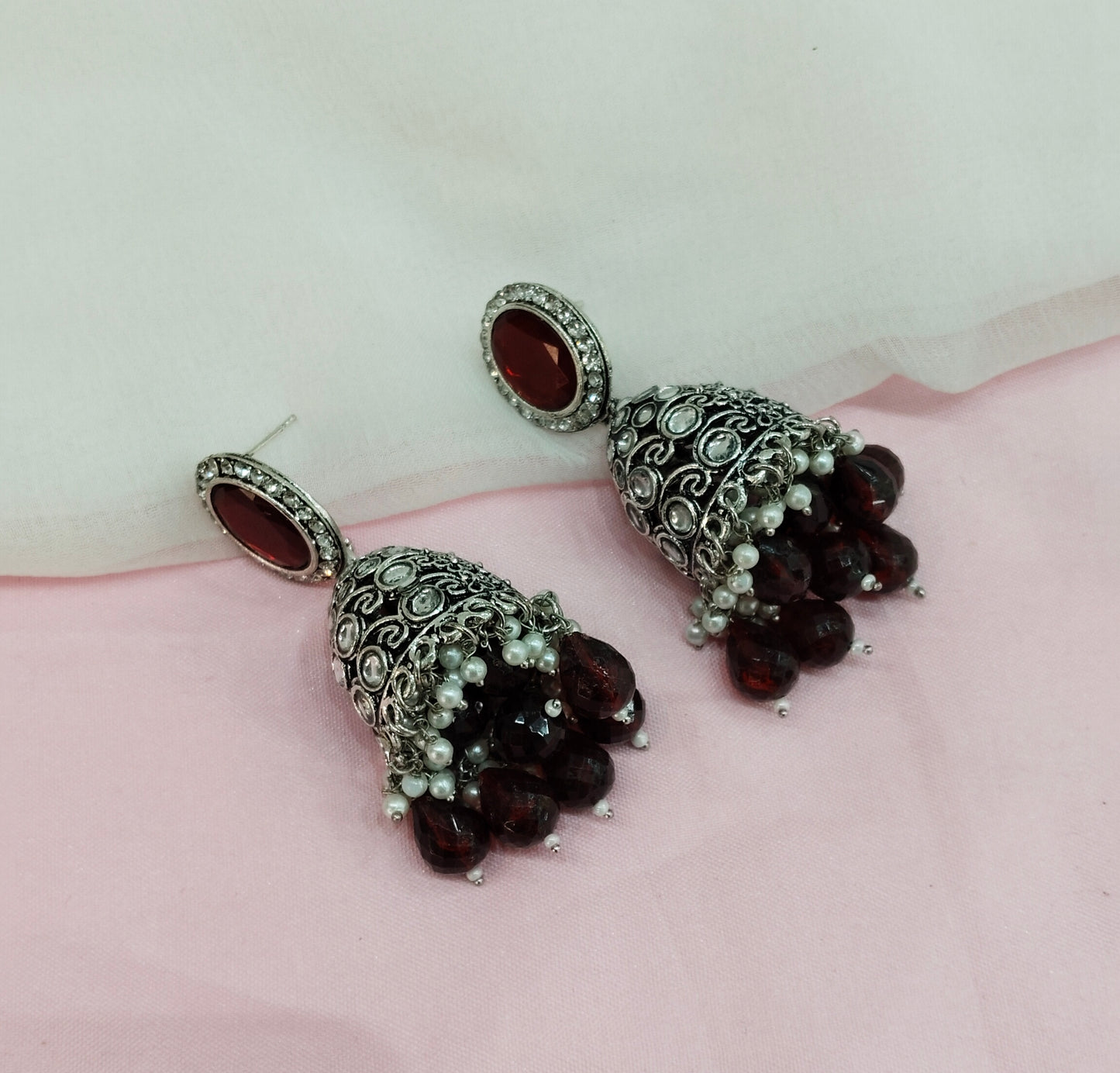 Maroon Oxidized Metal Denber Indian Jhumka Earrings