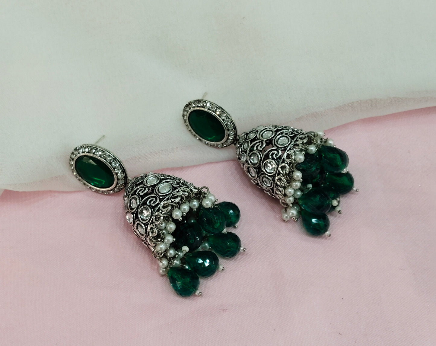 Green Oxidized Metal Denber Indian Jhumka Earrings