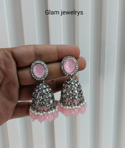 Pink Oxidized Metal Denber Indian Jhumka Earrings