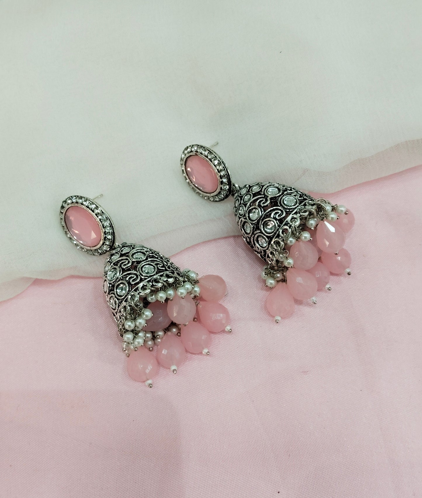 Pink Oxidized Metal Denber Indian Jhumka Earrings