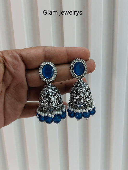 Blue Oxidized Metal Denber Indian Jhumka Earrings Set