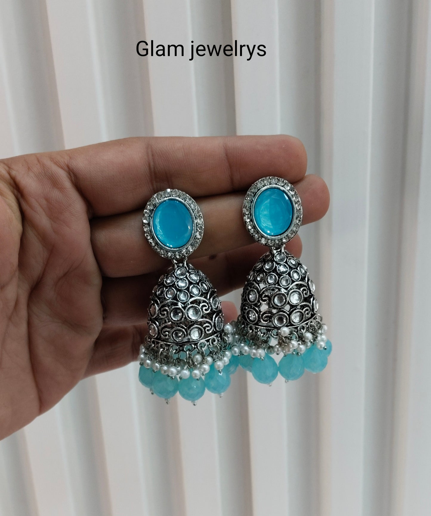 Sea Green Oxidized Metal Denber Indian Jhumka Earrings Set