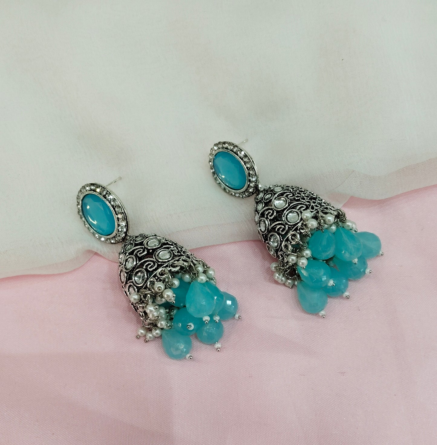 Sea Green Oxidized Metal Denber Indian Jhumka Earrings Set