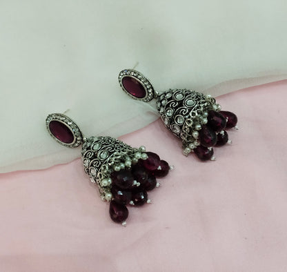 Purple Oxidized Metal Denber Indian Jhumka Earrings Set