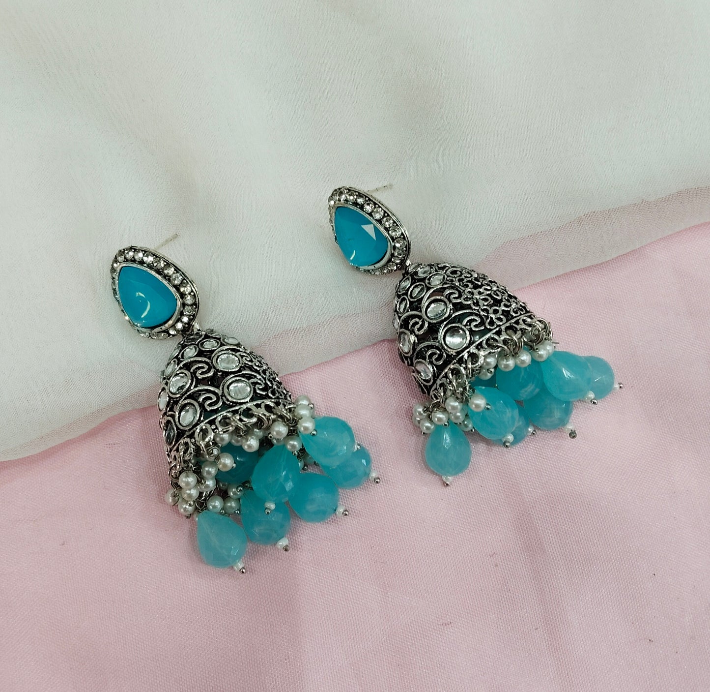 Sea Green Oxidized Metal Helsinki Indian Jhumka Set