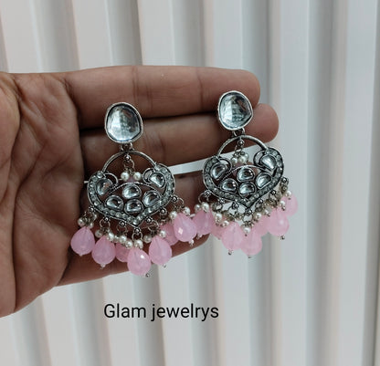 Pink Oxidized Metal Pushpa Indian Earrings Set