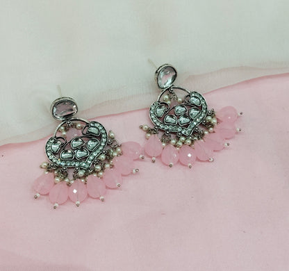 Pink Oxidized Metal Pushpa Indian Earrings Set