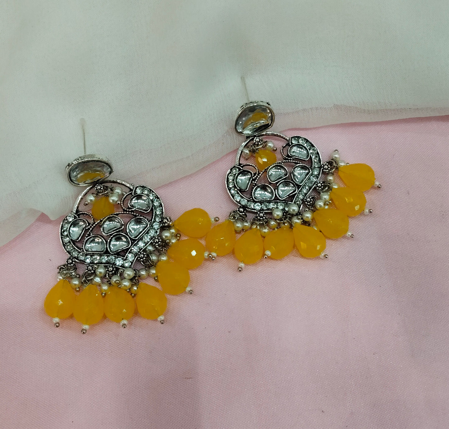 Yellow Oxidized Metal Pushpa Indian Earrings Set