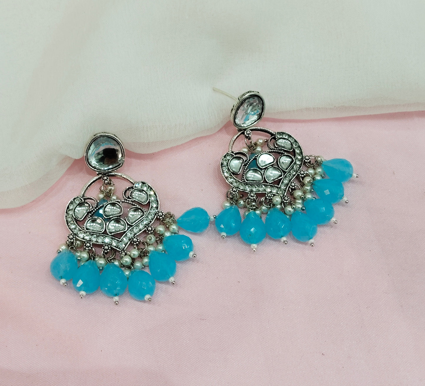 Sea Green Oxidized Metal Pushpa Indian Earrings Set