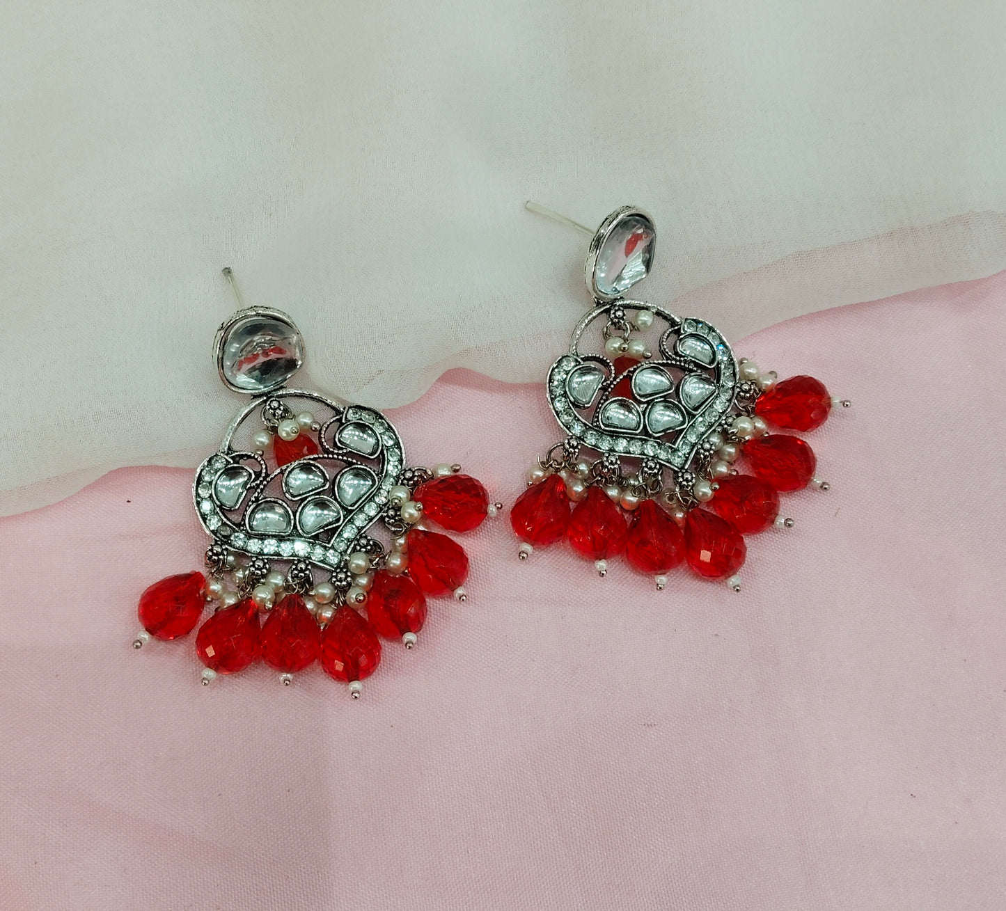 Red Oxidized Metal Pushpa Indian Earrings Set