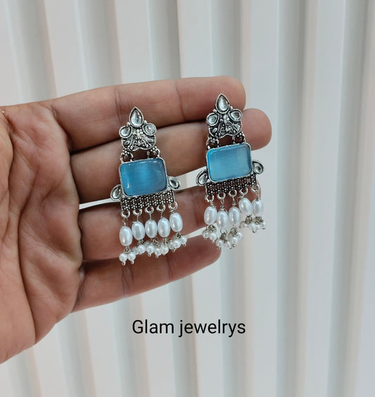 Sky Blue Oxidized Metal Roman Indian Earrings Set