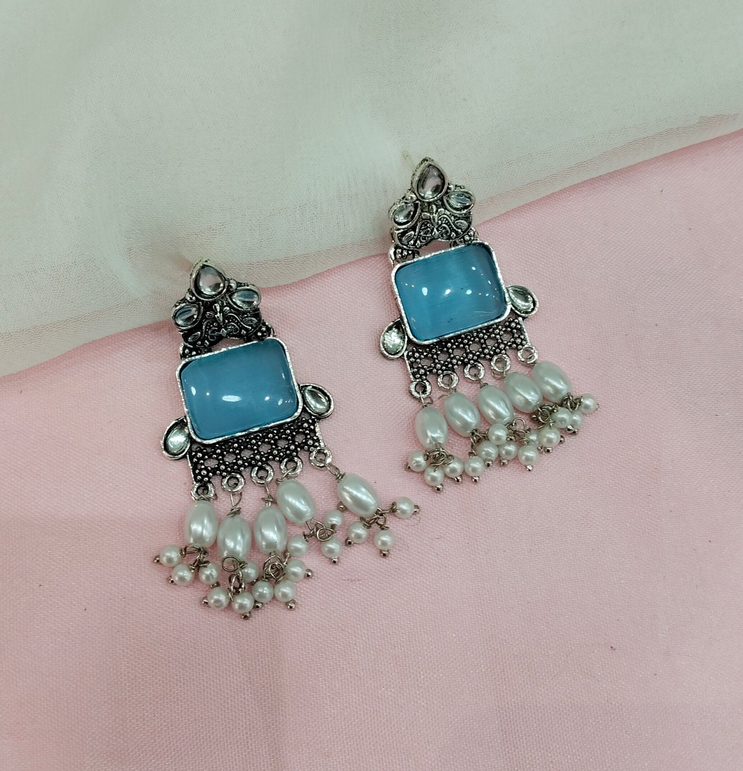 Sky Blue Oxidized Metal Roman Indian Earrings Set