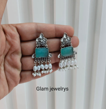 Turquoise Oxidized Metal Roman Indian Earrings Set