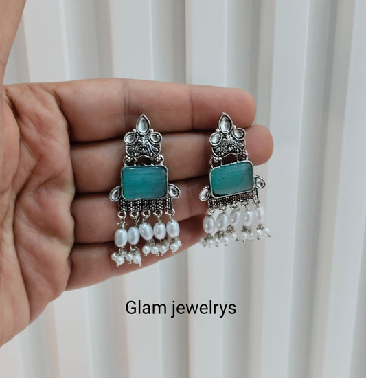 Turquoise Oxidized Metal Roman Indian Earrings Set