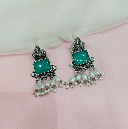 Turquoise Oxidized Metal Roman Indian Earrings Set