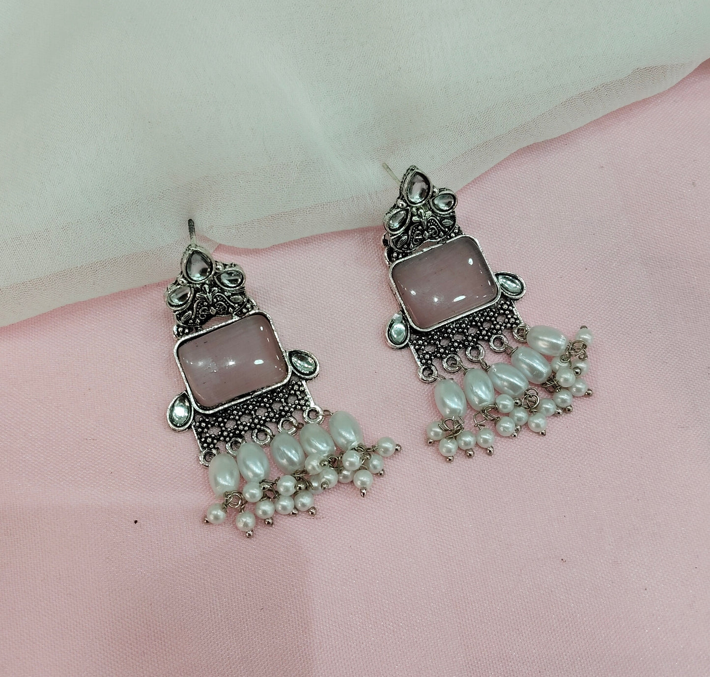 Pink Oxidized Metal Roman Indian Earrings Set