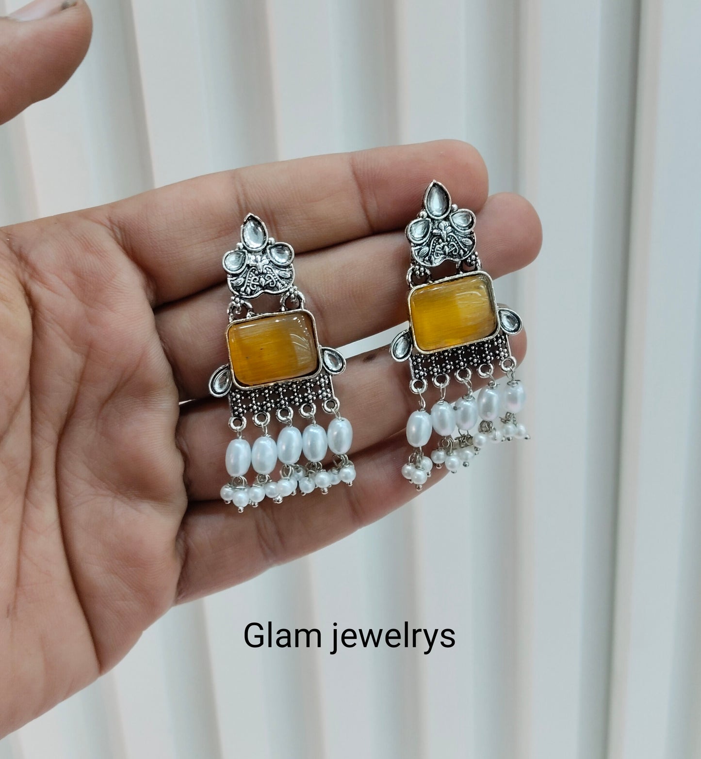 Yellow Oxidized Metal Roman Indian Earrings Set