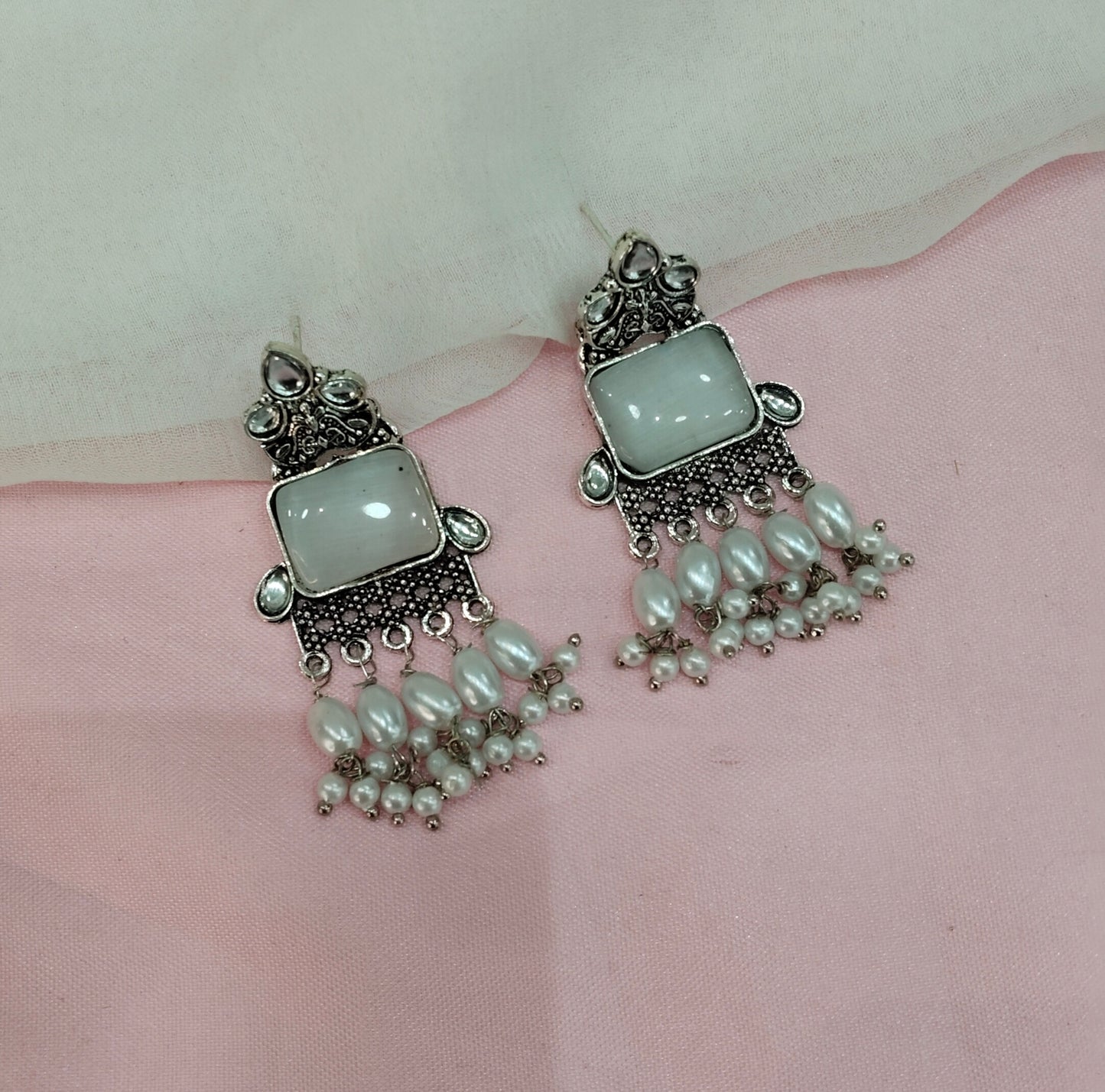 White Oxidized Metal Roman Indian Earrings Set