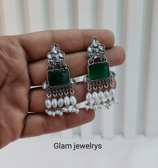 Green Oxidized Metal Roman Indian Earrings Set