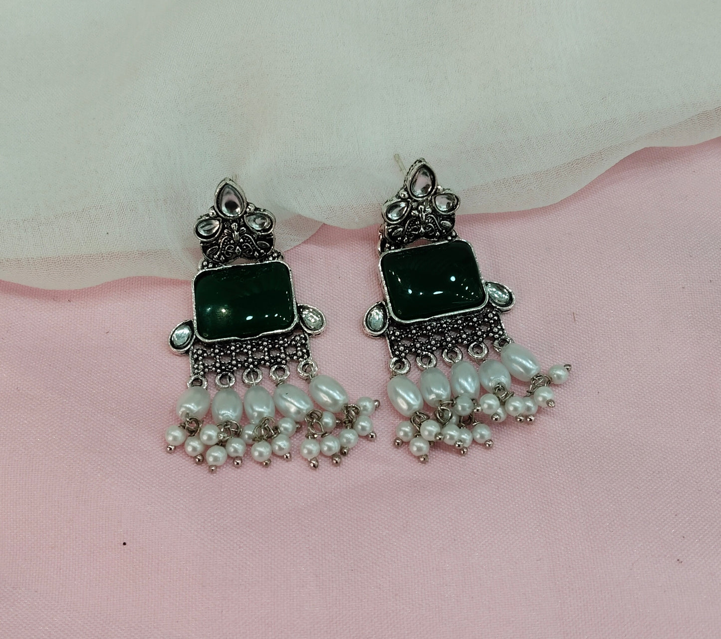 Green Oxidized Metal Roman Indian Earrings Set