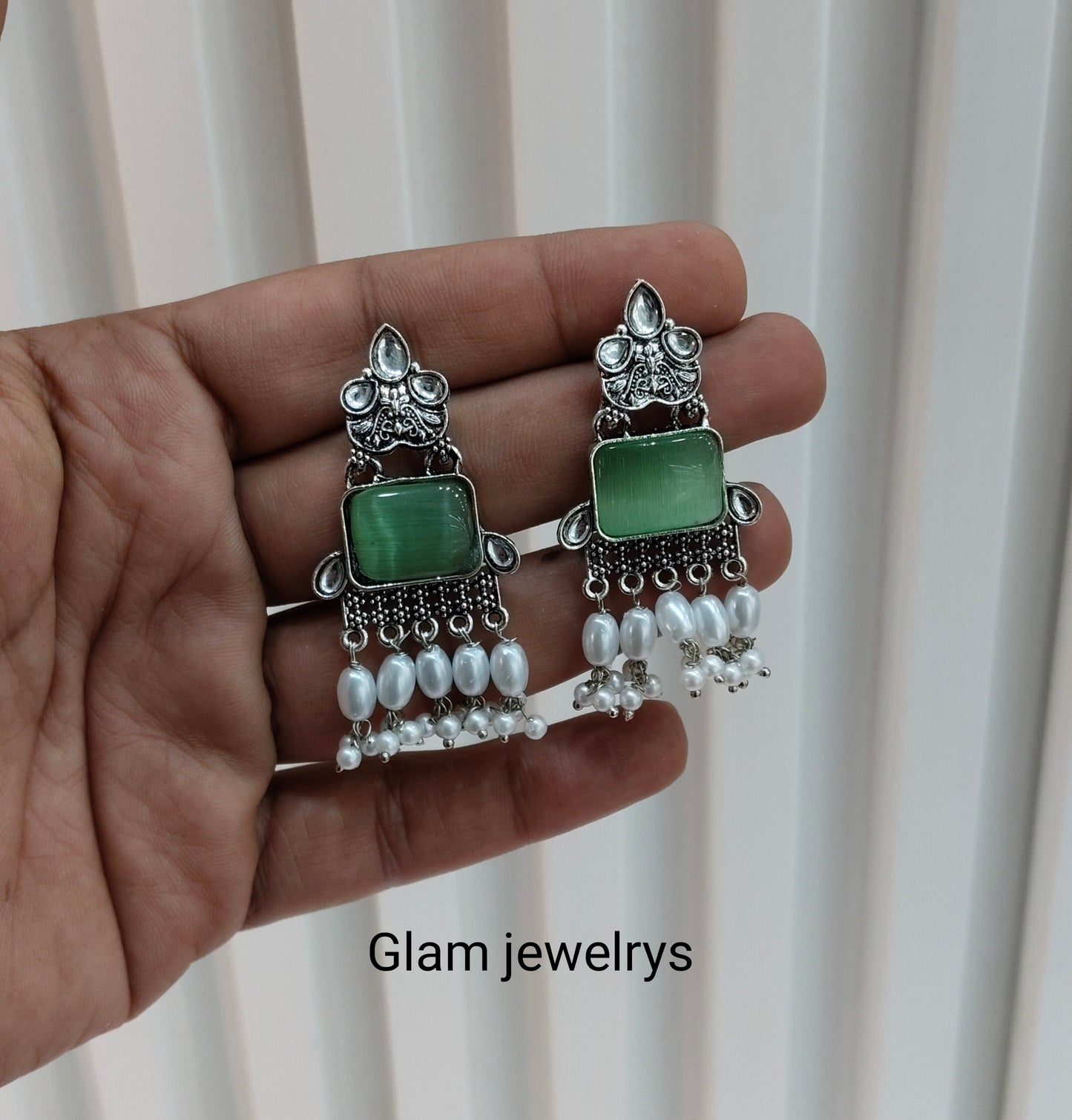 Sage Green Oxidized Metal Roman Indian Earrings Set