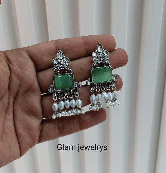 Sage Green Oxidized Metal Roman Indian Earrings Set