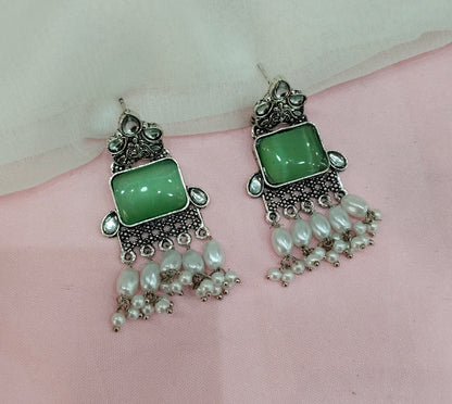 Sage Green Oxidized Metal Roman Indian Earrings Set