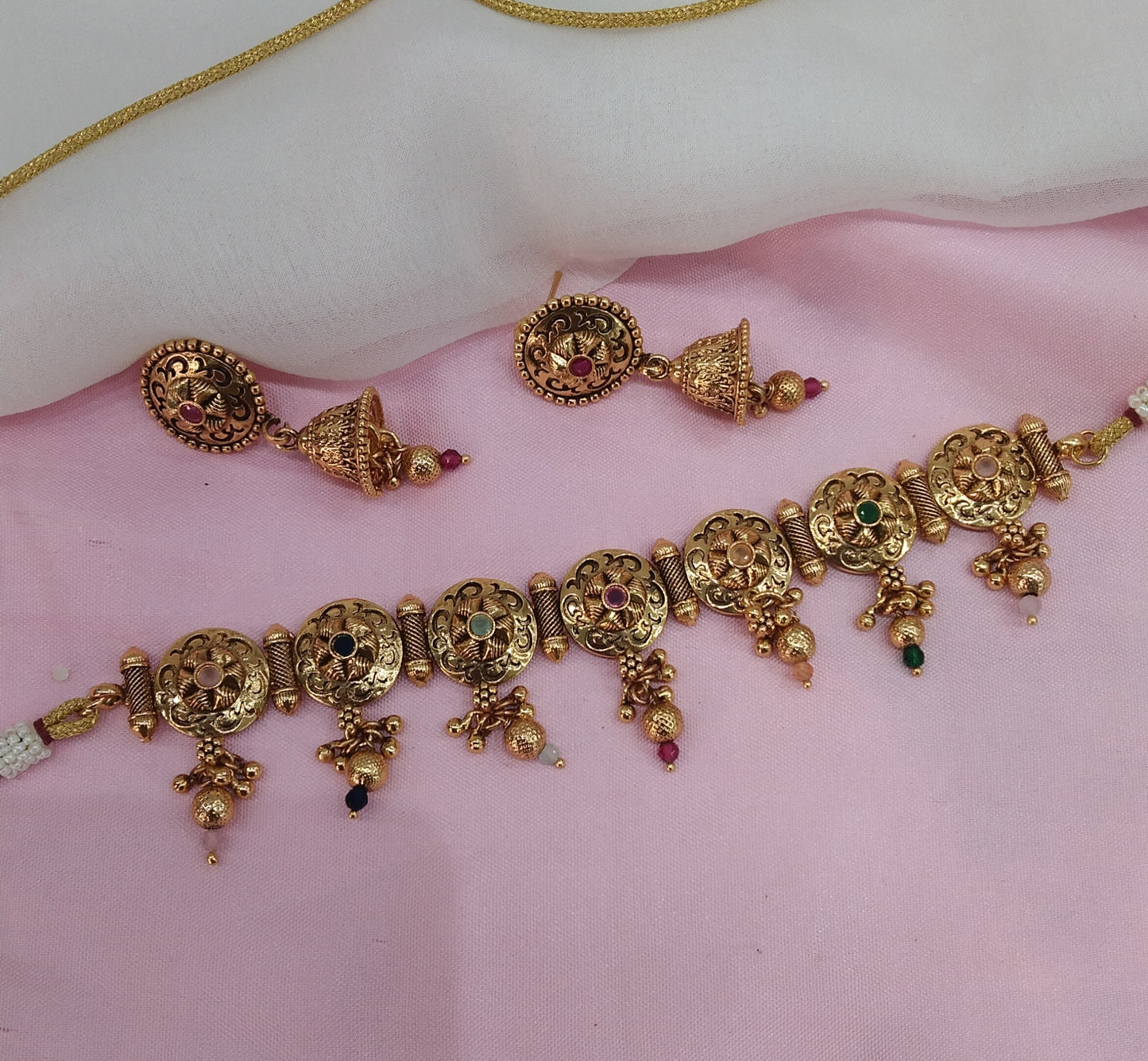 Multi Color Gold Polki Choker Indian Jewellery Smile Set