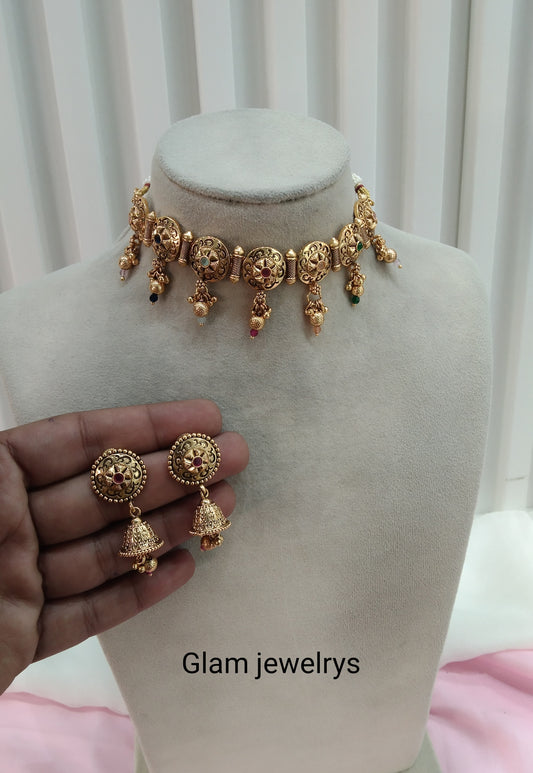 Multi Color Gold Polki Choker Indian Jewellery Smile Set