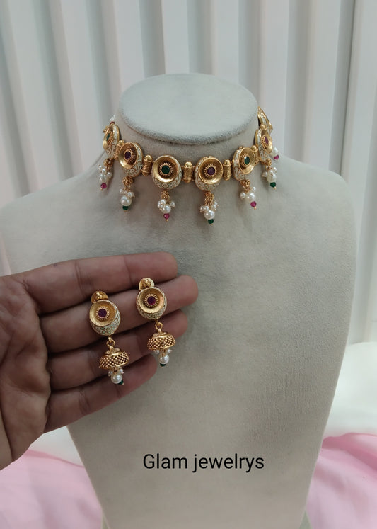 Ruby Green Gold Polki Choker Indian Jewellery Smile Set