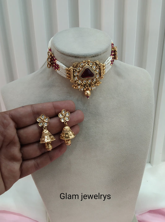 Ruby Gold Polki Choker Indian Jewellery Smile Set