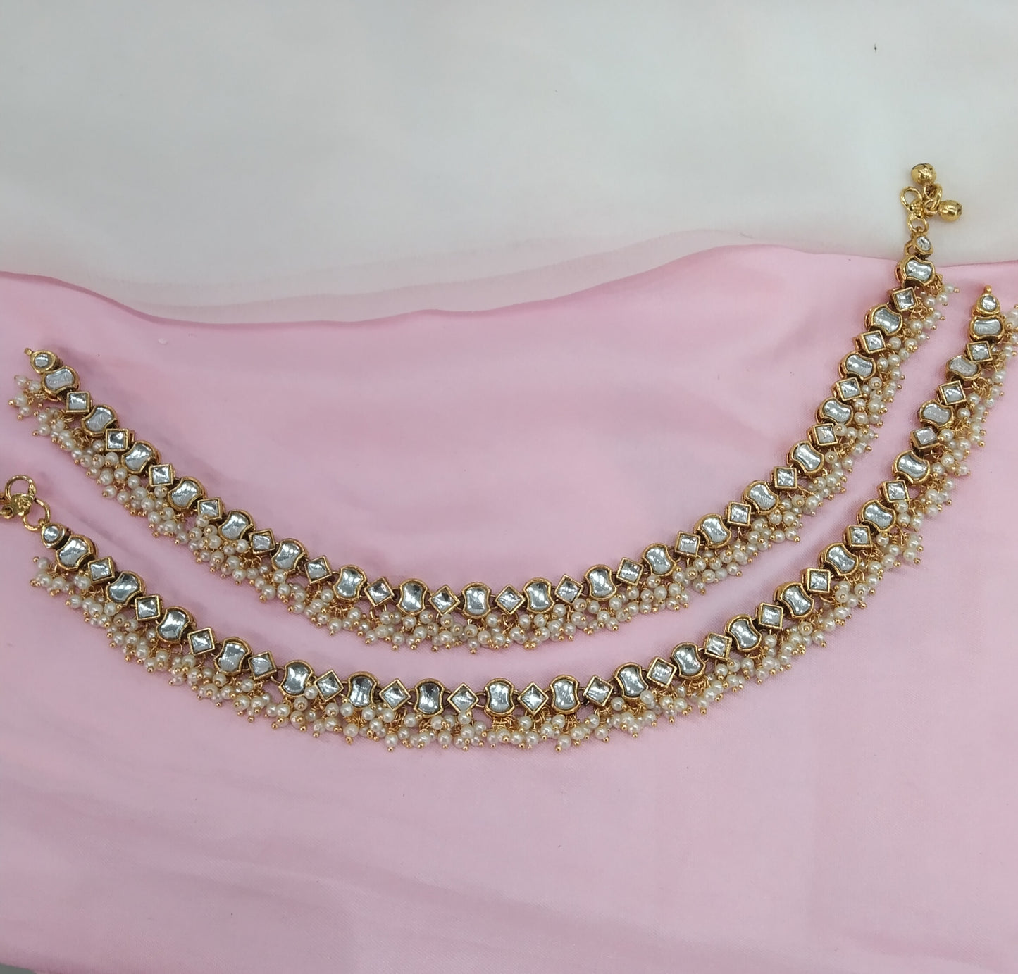 Gold White Kundan Anklets Jhanjar Payal Indian Jewellery opti Set