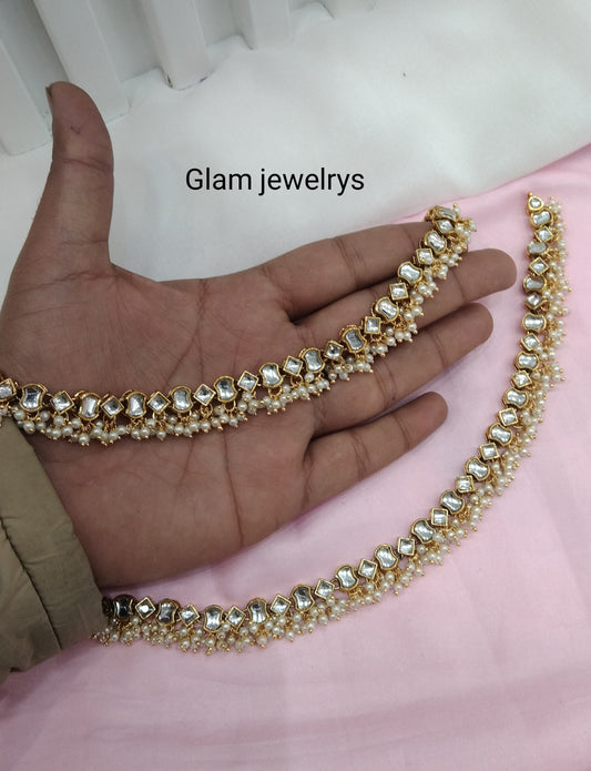 Gold White Kundan Anklets Jhanjar Payal Indian Jewellery opti Set