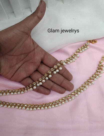 Gold White Kundan Anklets Jhanjar Payal Indian Jewellery opti Set