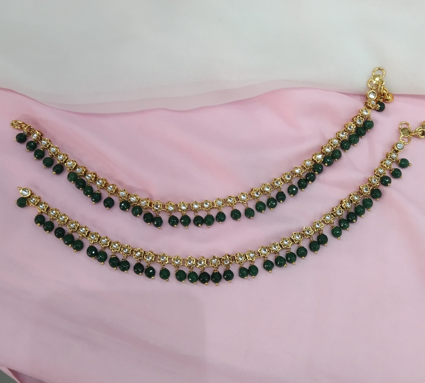 Gold Green Kundan Anklets Jhanjar Payal Indian Jewellery opti Set