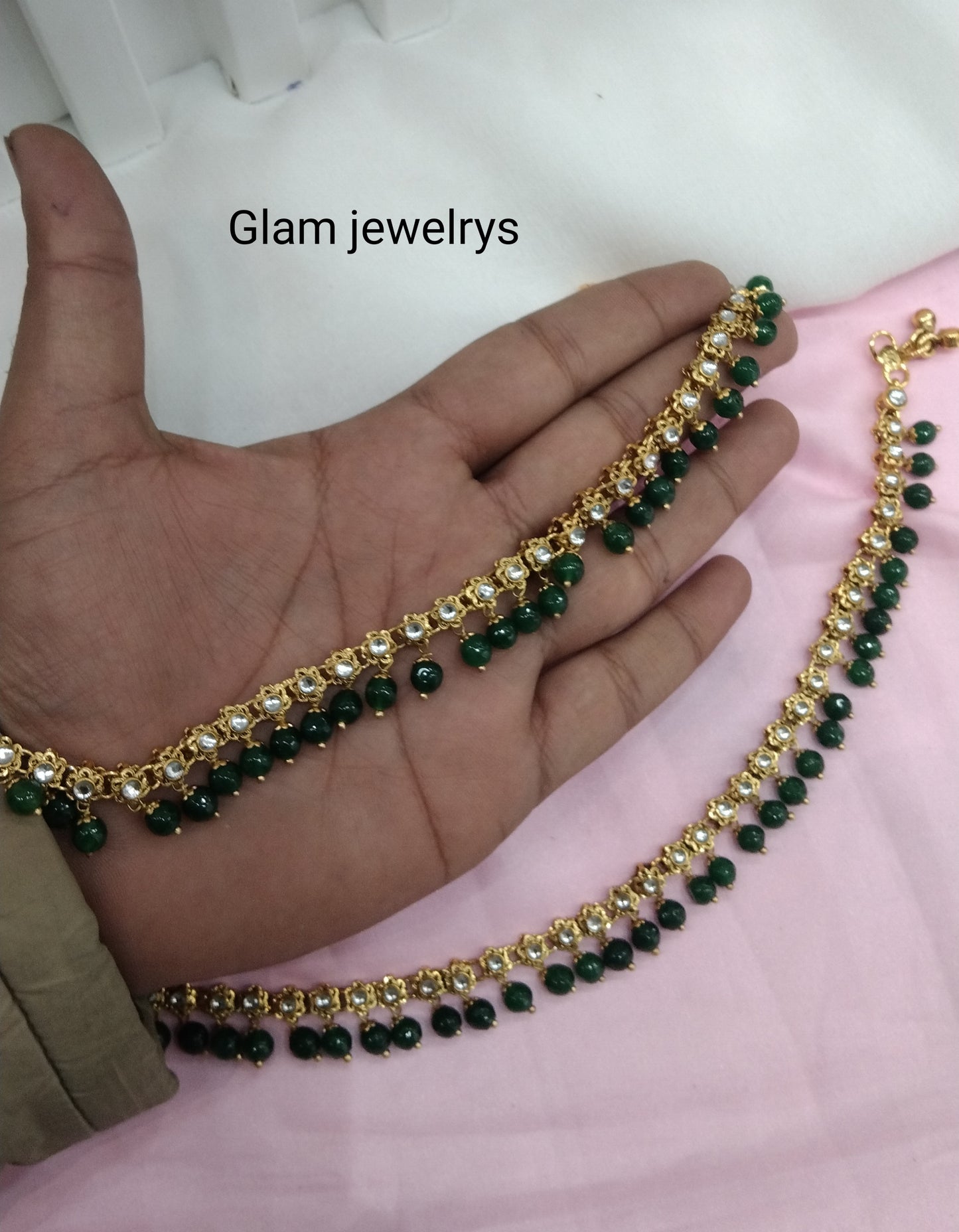 Gold Green Kundan Anklets Jhanjar Payal Indian Jewellery opti Set