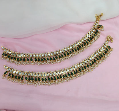 Gold Green Kundan Anklets Jhanjar Payal Indian Jewellery opti Set