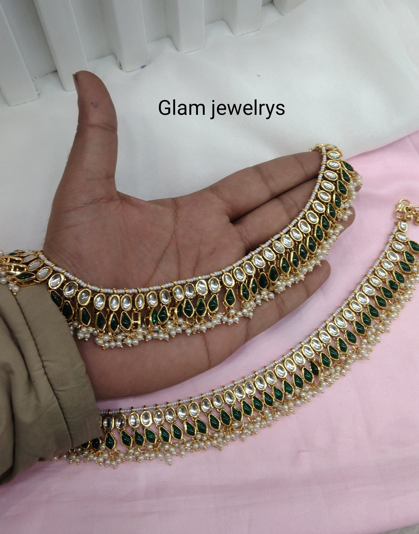 Gold Green Kundan Anklets Jhanjar Payal Indian Jewellery opti Set