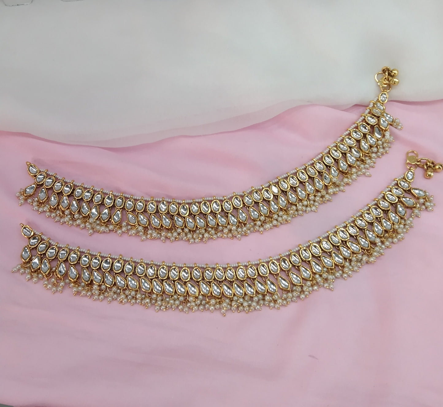 Gold White Kundan Anklets Jhanjar Payal Indian Jewellery opti Set