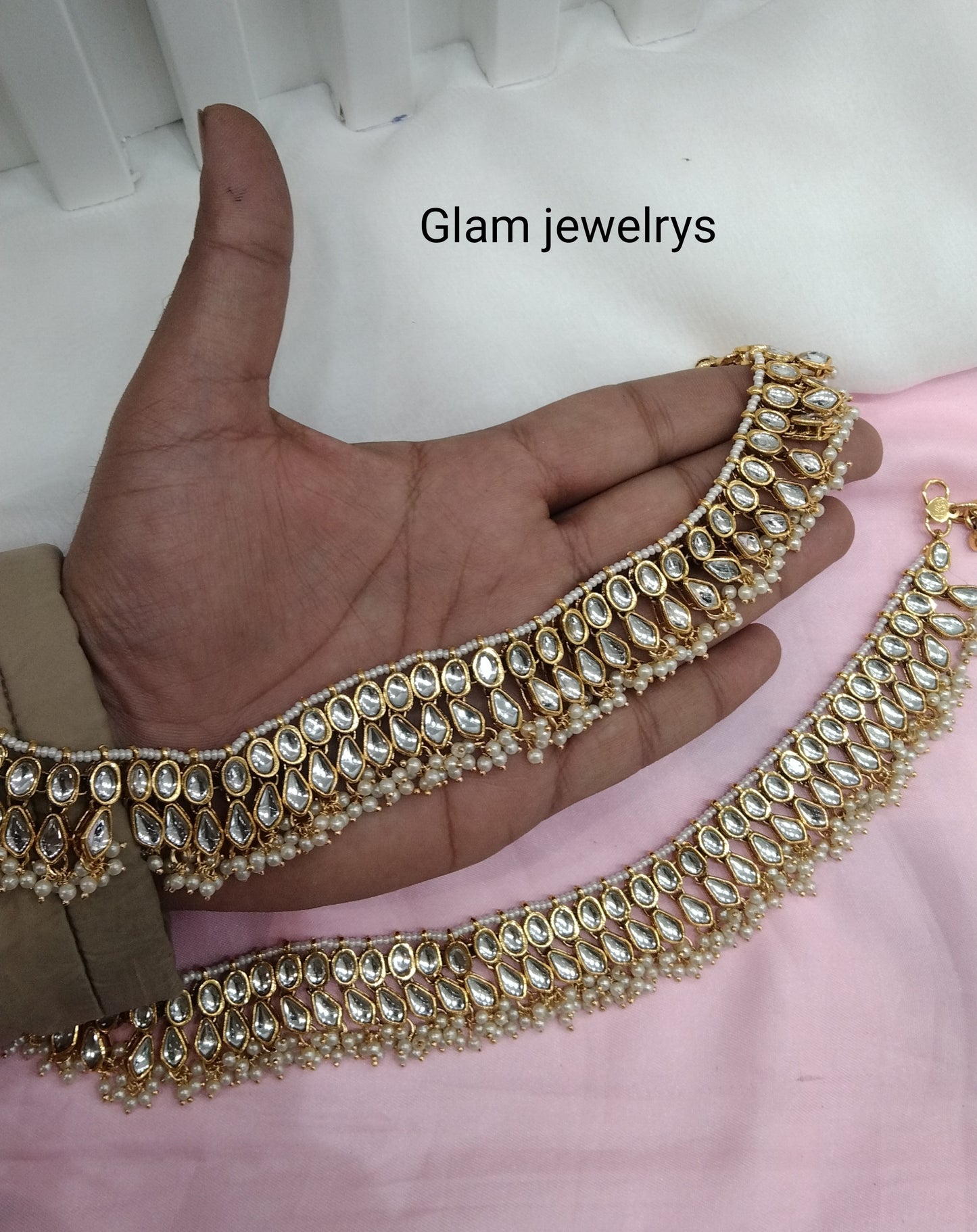 Gold White Kundan Anklets Jhanjar Payal Indian Jewellery opti Set