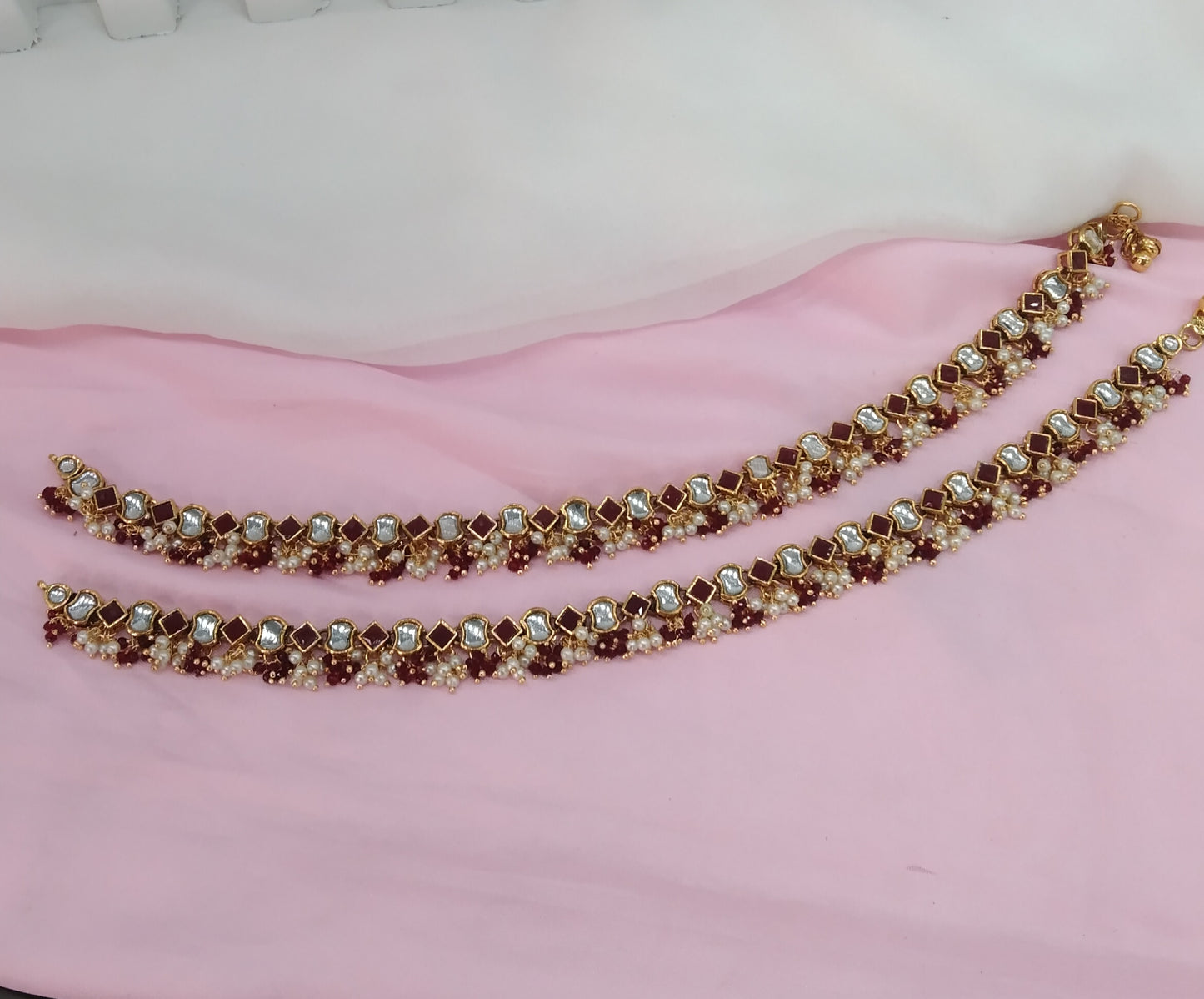 Gold Ruby Kundan Anklets Jhanjar Payal Indian Jewellery opti Set