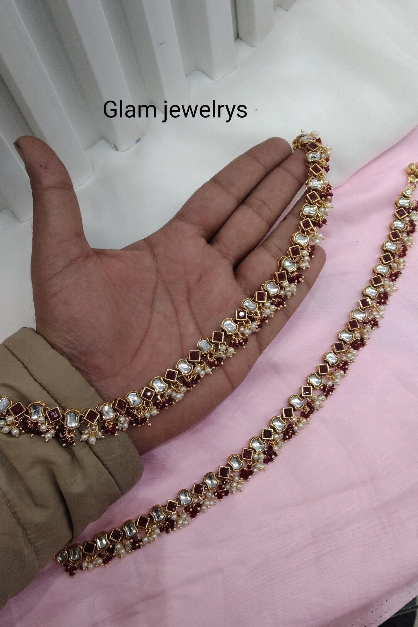 Gold Ruby Kundan Anklets Jhanjar Payal Indian Jewellery opti Set