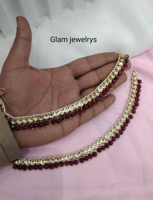 Gold Ruby Kundan Anklets Jhanjar Payal Indian Jewellery opti Set