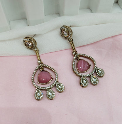 Pink Antique Gold Omna Indian Earrings Set