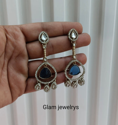 Blue Antique Gold Omna Indian Earrings Set