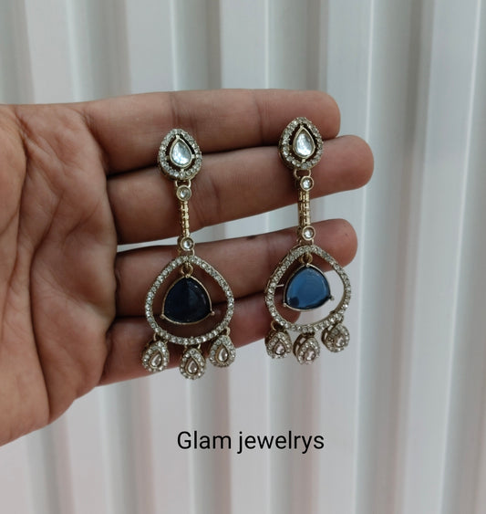 Blue Antique Gold Omna Indian Earrings Set