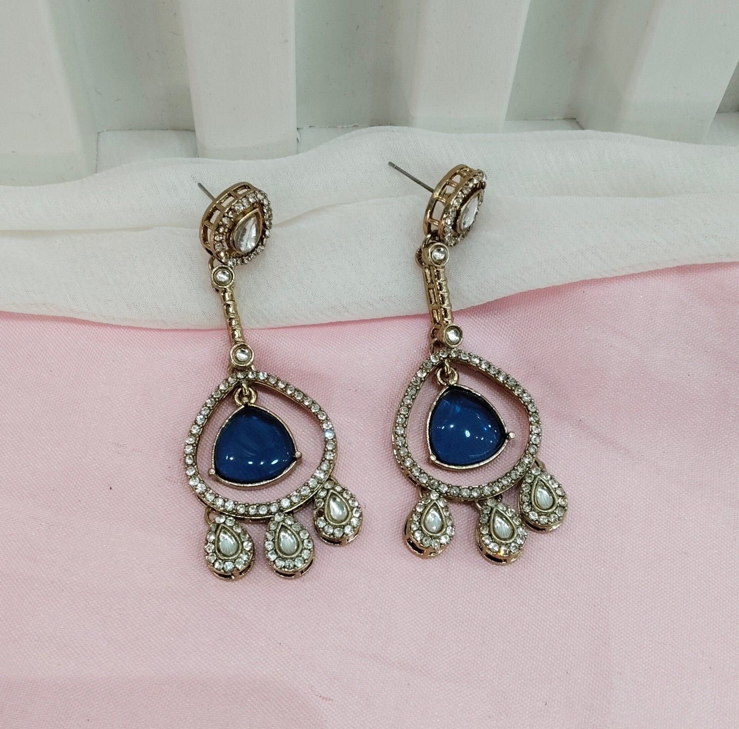 Blue Antique Gold Omna Indian Earrings Set