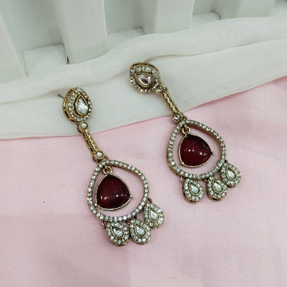 Maroon Antique Gold Omna Indian Earrings Set