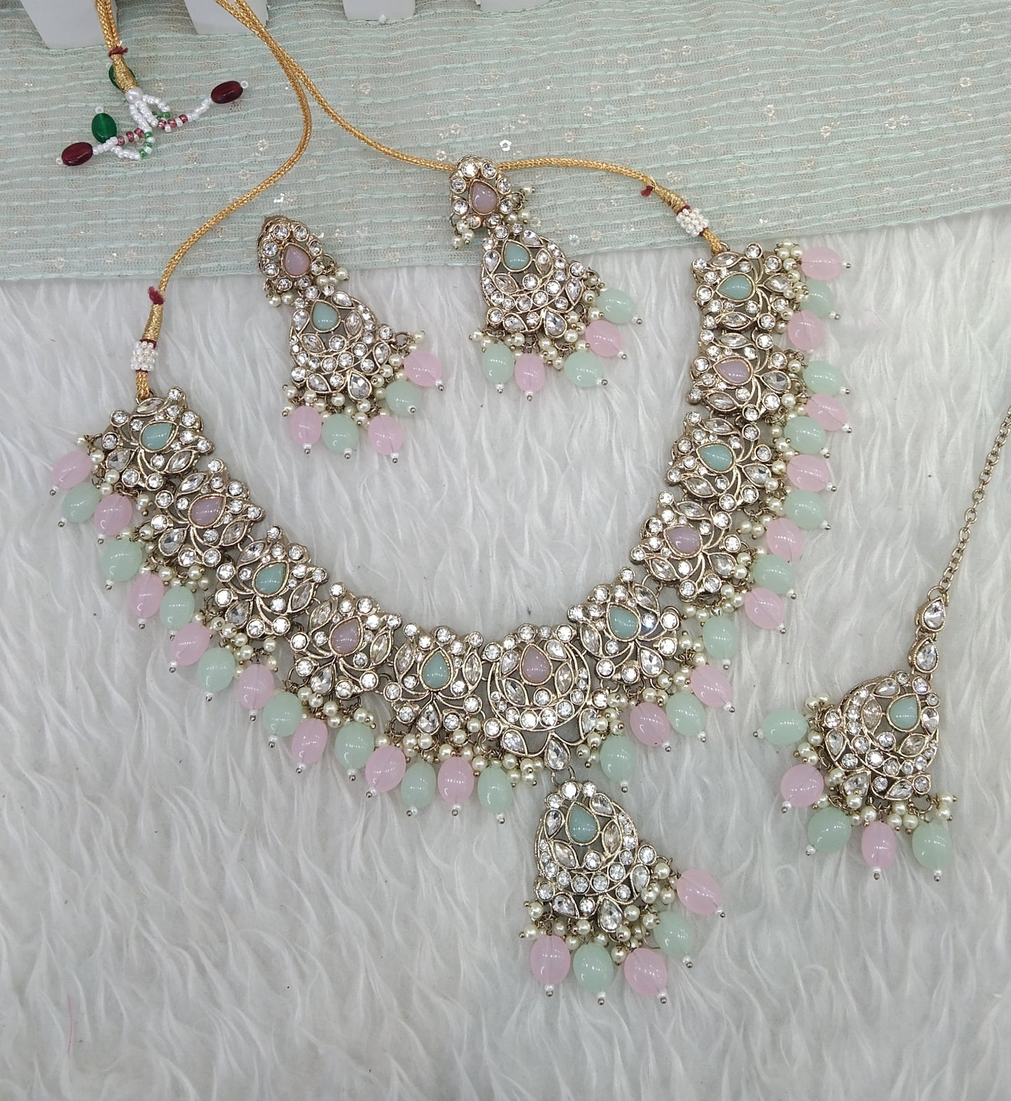 Mint Pink Antique Gold Necklace Indian Jewellery Fjay Set